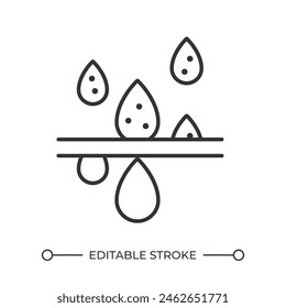 Icono lineal de filtración de agua. Proceso de desalinización Caída de gota de agua. Sistema de saneamiento. Purificación de agua. Ilustración de línea fina. Símbolo de contorno. dibujo de contorno de Vector. Trazo editable