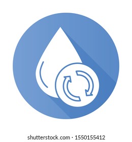 Water filtration, purification blue flat design long shadow glyph icon. Conservation of planet aquatic resource. Waste water treatment technology. Recycling hidrosystem. Vector silhouette illustration