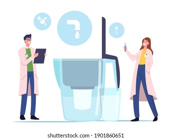 Filtración de agua, Concepto de purificación. Pequeños personajes de científicos hombres y mujeres aprenden agua en un tubo de prueba cerca de un enorme filtro de agua, gente limpiando líquido para beber. Ilustración del vector de dibujos animados