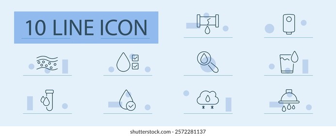 Water filtration and quality set icon. Droplet, pipe, filtration, water testing, analysis, magnifier, clean water, inspection, cloud with rain