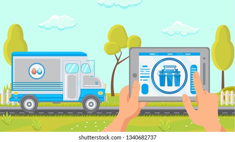 Water Filtration Services Van Vector Illustration. Water Delivery Truck. Remote Control. Smart Technology. Car on Road. Finger Touching Tablet Screen. Trees, Fence in Garden. Clouds in Sky