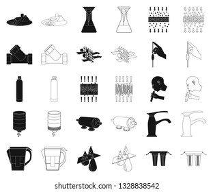 Water filtration system black,outline icons in set collection for design. Cleaning equipment vector symbol stock web illustration.