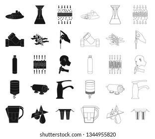 Water filtration system black,outline icons in set collection for design. Cleaning equipment vector symbol stock web illustration.