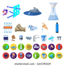 Water filtration system cartoon,flat icons in set collection for design. Cleaning equipment vector symbol stock web illustration.