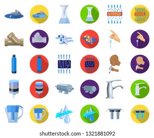 Water filtration system cartoon,flat icons in set collection for design. Cleaning equipment vector symbol stock web illustration.