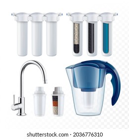 Water Filtration System And Equipment Set Vector. Faucet With Filtration System And Blank Carafe With Charcoal Mineral Filter Cartridge. Healthy Drink Prepare Tool Template Realistic 3d Illustrations