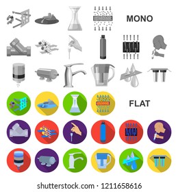 Water filtration system flat icons in set collection for design. Cleaning equipment vector symbol stock web illustration.