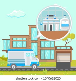 Water Filtration System at Home Flat Illustration. Plumbing Services Van. Reverse Osmosis System Vector Poster. Modern House. Truck, Vehicle at Front Yard. Filters in Cut. Reservoir with Clean Liquid
