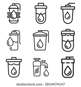 Water filtration system icons showing various filter units and water purification processes, ideal for environmental and health projects.