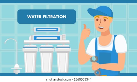 Water Filtration System Installation Web Banner. Cartoon Repairman Holding Wrench, Showing Thumb Up Gesture. Reverse Osmosis System Technology Illustration. Young Smiling Handyman Vector Character