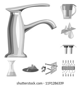 Water filtration system monochrome icons in set collection for design. Cleaning equipment vector symbol stock web illustration.