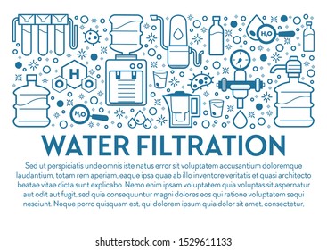 Water filtration system poster template with text. Purifying, pumping and storage. Bottled, poured into glasses. Chemical formula, drops icons collection. Vector illustration on white background.