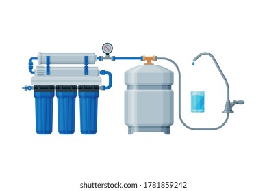 Water Filtration System, Special Modern Technology for Water Purification Vector Illustration on White Background