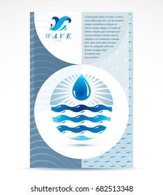 Water filtration theme booklet cover design, front page for use in mineral water advertising. Sea wave splash vector idea.