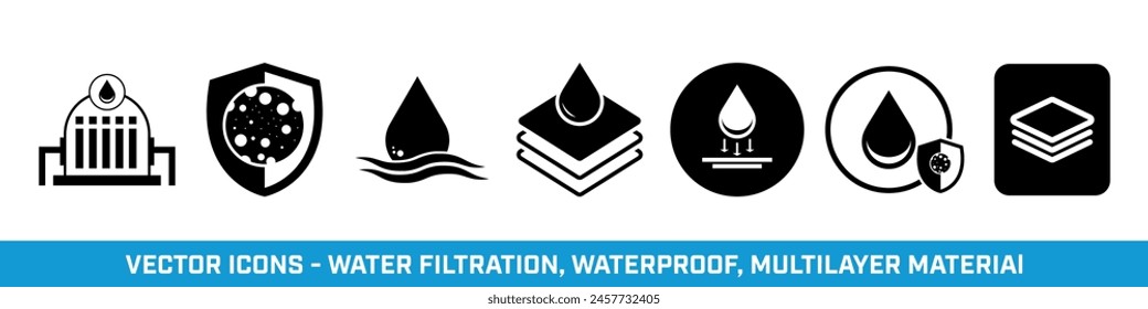 Water filtration, waterproof, multilayer material - vector icons.