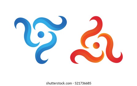 Water and fire abstract colorful gradient logo couple, splash or flames forming a triangle around circle, icons isolated. Stock vector illustration for company identity and product sign