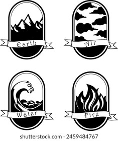 Water Fire Earth Air Icons. Sacred Magic Signs. Elemental Nature Symbols. Alchemical Symbols Set. Four Elements of Nature on White Background. Tarot Card Back Esoteric Design.