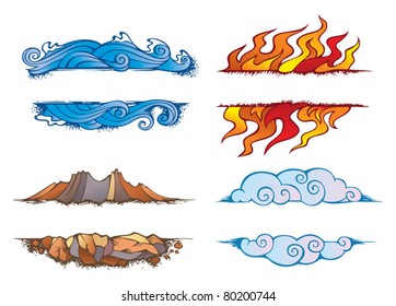 Water, Fire, Earth and Air: set of the four elements of nature in the shape of ornamental frames, vector illustration