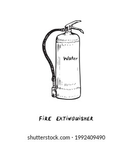 Water fire extinguisher type, ink drawing illustration isolated on white wih handdwritten inscription