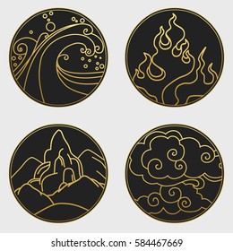 Water, fire, ground, air. Collection of decorative graphic design elements in oriental style. Vector hand drawn illustration