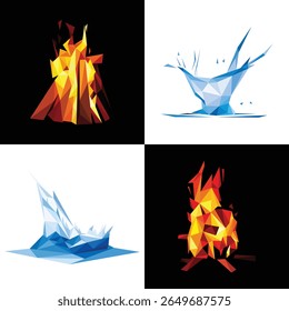 Water and fire polygonal abstract vector set. Water Splash and fire wood burn Abstract Polygon Vector Collection. Water and fire Low poly style Logo.