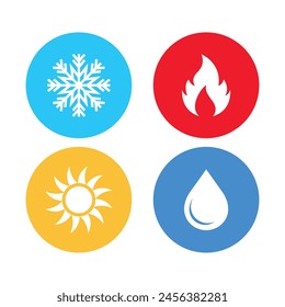 Water, fire, sun and snowflake icons. Hot and cold symbols. Flat vector illustration