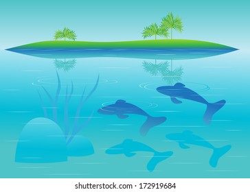Water. Fishes and stones in transparent water and the tropical island with palm trees on a blue background