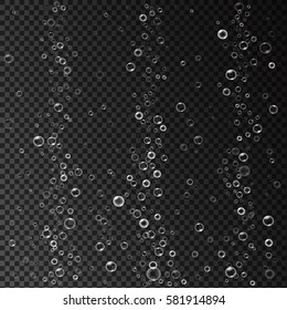 Water fizzing air bubbles texture on transparent background. Bubbling underwater effervescent template Vector illustration