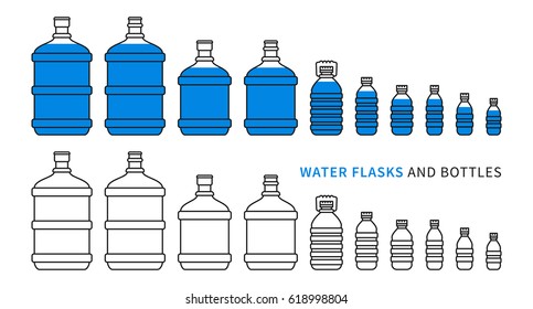 Dibujo vectorial de frascos y frascos de agua. Diferentes botellas y frascos de plástico para el concepto de suministro de agua potable. Agua embotellada para un diseño gráfico más frío.