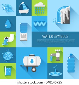 Water flat decorative icons set with glass tube plastic bottle pack isolated vector illustration