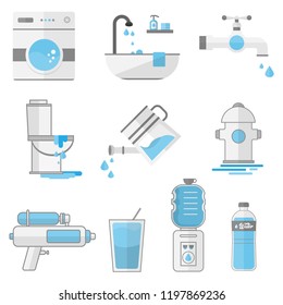 Water flat icon concept design vector illustration minimal simple toilet bathroom sink water icons blue sky aqua liquid logo save water wash watering can shower tap element collection symbol set clean
