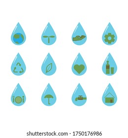 Water flat icon set, environmental conservation concept