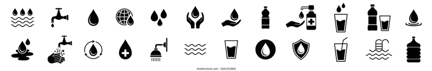 Water flat icons vector. Water with editable stroke. Water icon collection. Water drops, faucet, rain drops, globe, save, bottle, glass, puddle, cycle, washing hands, shower, wave, and other. 