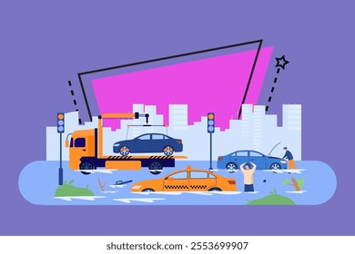 Water flood on city roads. Drivers and tow truck saving damaged cars from heavy rain and storm. Vector illustration for rainfall season, rain period, natural disaster concept