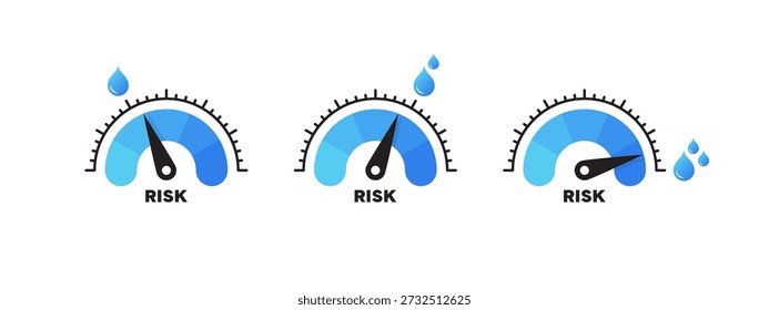 Escala do medidor de risco de inundação de água com indicadores de nível de líquido de seta e azul