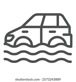 Water flooded car line icon, insurance event concept. Vector graphics. Automobile vehicle underwater sign on white background, outline style icon for mobile or web design