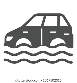 Water flooded car solid icon, insurance event concept. Vector graphics. Automobile vehicle underwater sign on white background, glyph style icon for mobile or web design