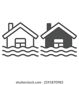 Water flooded house line and solid icon, insurance event concept. Vector graphics. Cottage building underwater sign on white background, outline style icon for mobile or web design