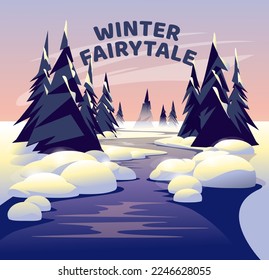 water flow between pine trees in a winter snowy landscape. Fairy Tail sunrise. Holiday season. Vector illustration