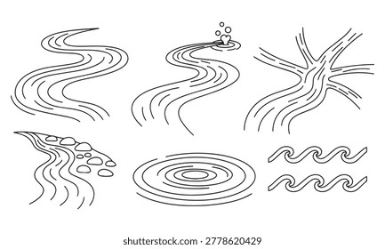 Water flow icons, including rivers, stream, delta, ripples, waves.