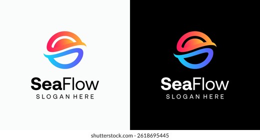 Water flow and sun shape vector logo design with modern, simple, clean and abstract style. Icon for business, vacation and personal branding.
