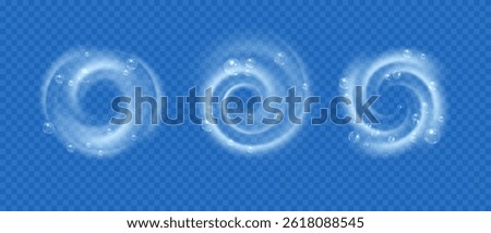 Water flow swirl with air bubbles. Spiral foam with soap bubbles and detergent blue vortex, refresh cleaning and washing concept. Vector isolated set.
