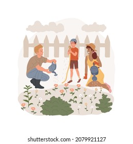 Water flowers beds isolated cartoon vector illustration. Family watering flower bed outside, child holding a hose, seasonal outdoor work, children help parents gardening cartoon vector.