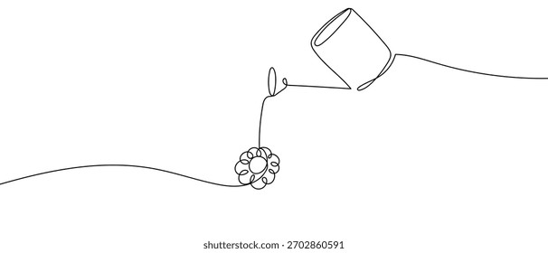 Water the flowers one line continuously in simple linear style Vector illustration in doodle style.