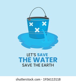 Water is flowing from a hole of bucket  and some hole have repaired by tape. Save water save earth Vector. Environmental protection concept.