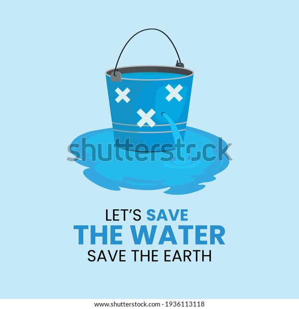 Water is flowing from a hole of bucket  and some\
hole have repaired by tape. Save water save earth Vector.\
Environmental protection\
concept.