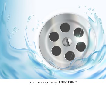 Water flows into the drain hole in the sink. Vector illustration