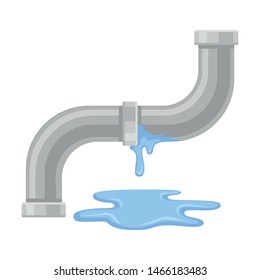 Water flows from the joint of a bent pipe. Vector illustration on white background.