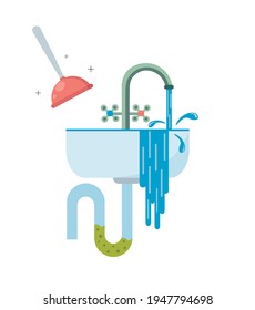 Water flows from the sink. Blockage of pipe. Sink in the bathroom or kitchen. Broken sewer system. Sewerage cleaning. Cleaning plunger. Vector illustration in flat style on white isolated background.