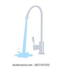 water flows from the tap onto the floor, running faucet, forgotten tap and water conservation concept